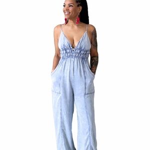 Urban Outfitters or Free People Light Blue Denim look Tencel Jumpsuit
